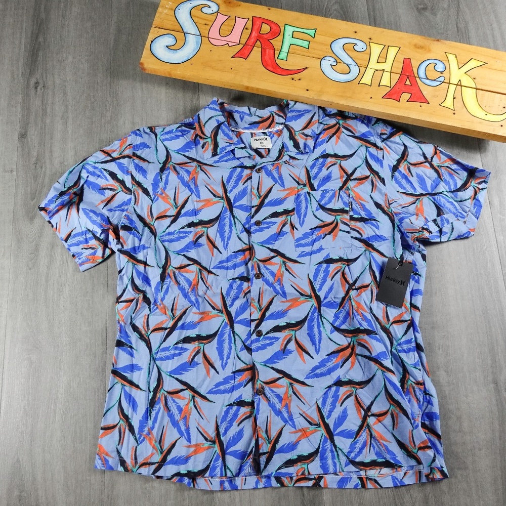 Mens Hurley Button Down Birds Of Paradise Blue Floral Print Shirt Size XXL